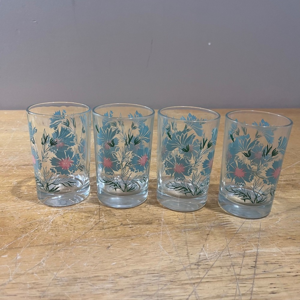 Vtg Taylor Smith & Taylor Ever Yours Teal Floral Juice Glasses MCM Set of 4